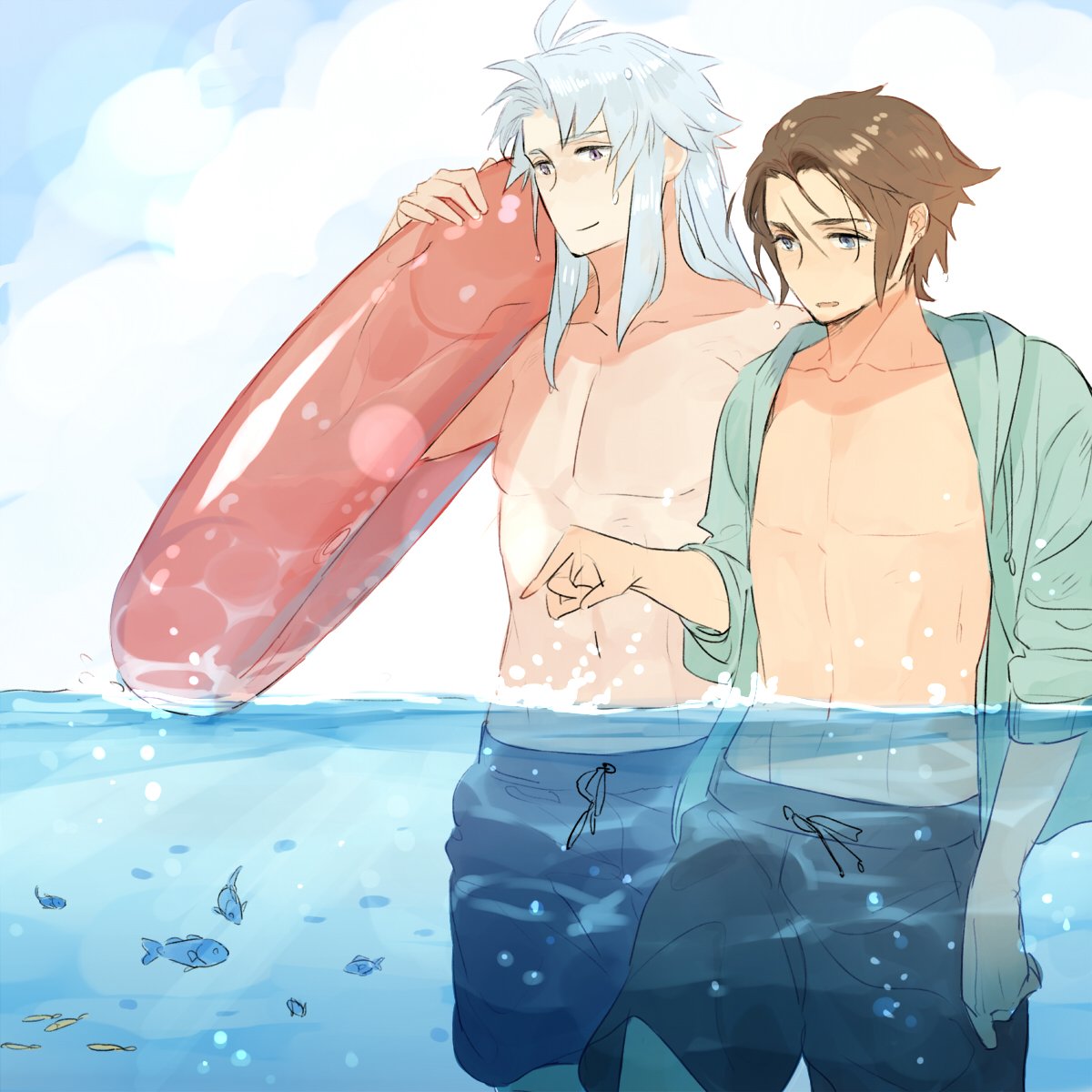 2boys black_male_swimwear blue_eyes blue_male_swimwear blue_sky blue_swim_trunks brown_hair clouds cloudy_sky day dissidia_final_fantasy final_fantasy final_fantasy_i final_fantasy_viii fish green_jacket highres holding holding_innertube in_water innertube jacket light_smile long_hair male_focus male_swimwear multiple_boys navel nini_tw99 ocean open_clothes open_jacket open_mouth outdoors pointing pointing_down scar scar_on_face scar_on_forehead short_hair sky smile squall_leonhart standing summer swim_trunks topless_male violet_eyes warrior_of_light_(ff1) wet wet_clothes wet_hair white_hair