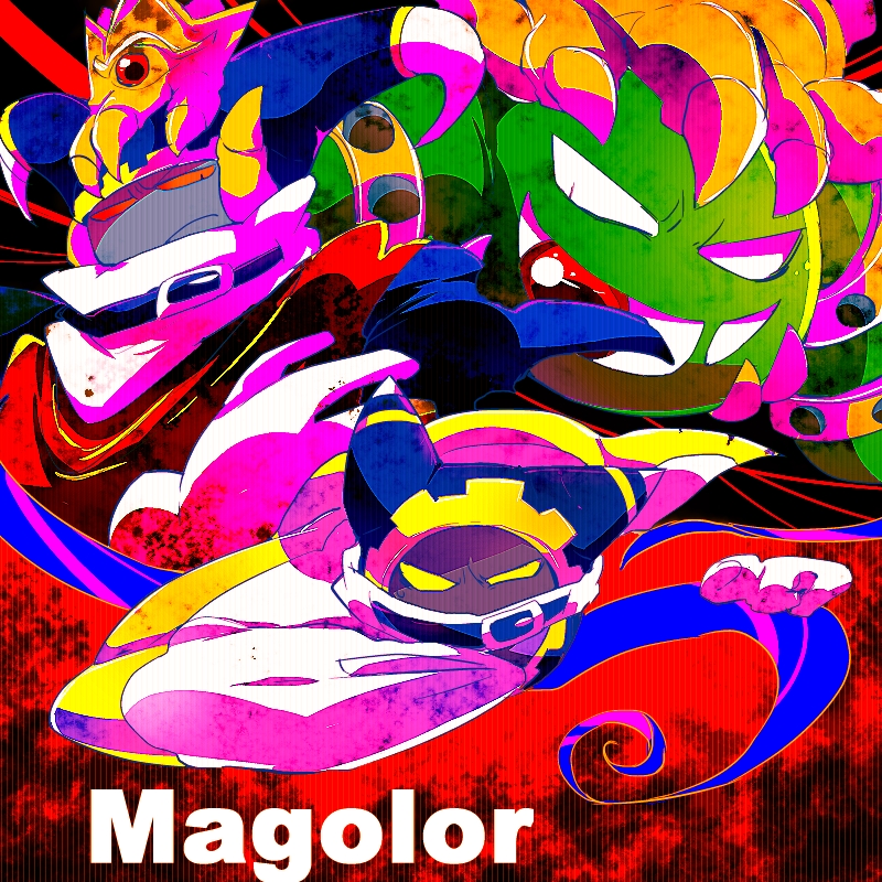 3boys animal_ears armlet belt belt_buckle blue_belt blue_hood blue_horns buckle cape character_name closed_mouth colorful commentary_request covered_mouth crown disembodied_limb dual_persona extra_eyes frown gear_print gesugao gloves horns kirby_(series) large_horns magolor magolor_soul master_crown multiple_boys no_humans red_background red_eyes red_robe robe scarf shirushiki slit_pupils solid_eyes spiked_armlet v-shaped_eyes white_cape white_gloves white_scarf yellow_eyes yellow_headwear yellow_trim