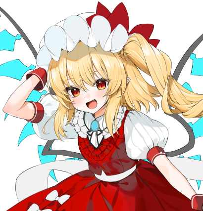 1girl adapted_costume arm_up back_bow black_ribbon blonde_hair blue_gemstone blush bow bow_skirt breasts collared_shirt crystal fang flandre_scarlet frills gem gotoh510 hair_between_eyes hand_on_headwear hat hat_bow heart heart_print looking_at_viewer lowres medium_breasts mob_cap neck_ribbon open_mouth pointy_ears ponytail puffy_short_sleeves puffy_sleeves red_bow red_eyes red_skirt red_vest ribbon shirt short_hair short_sleeves side_ponytail sidelocks simple_background skirt skirt_set smile solo standing tongue touhou vest white_background white_bow white_headwear white_shirt wings wrist_cuffs