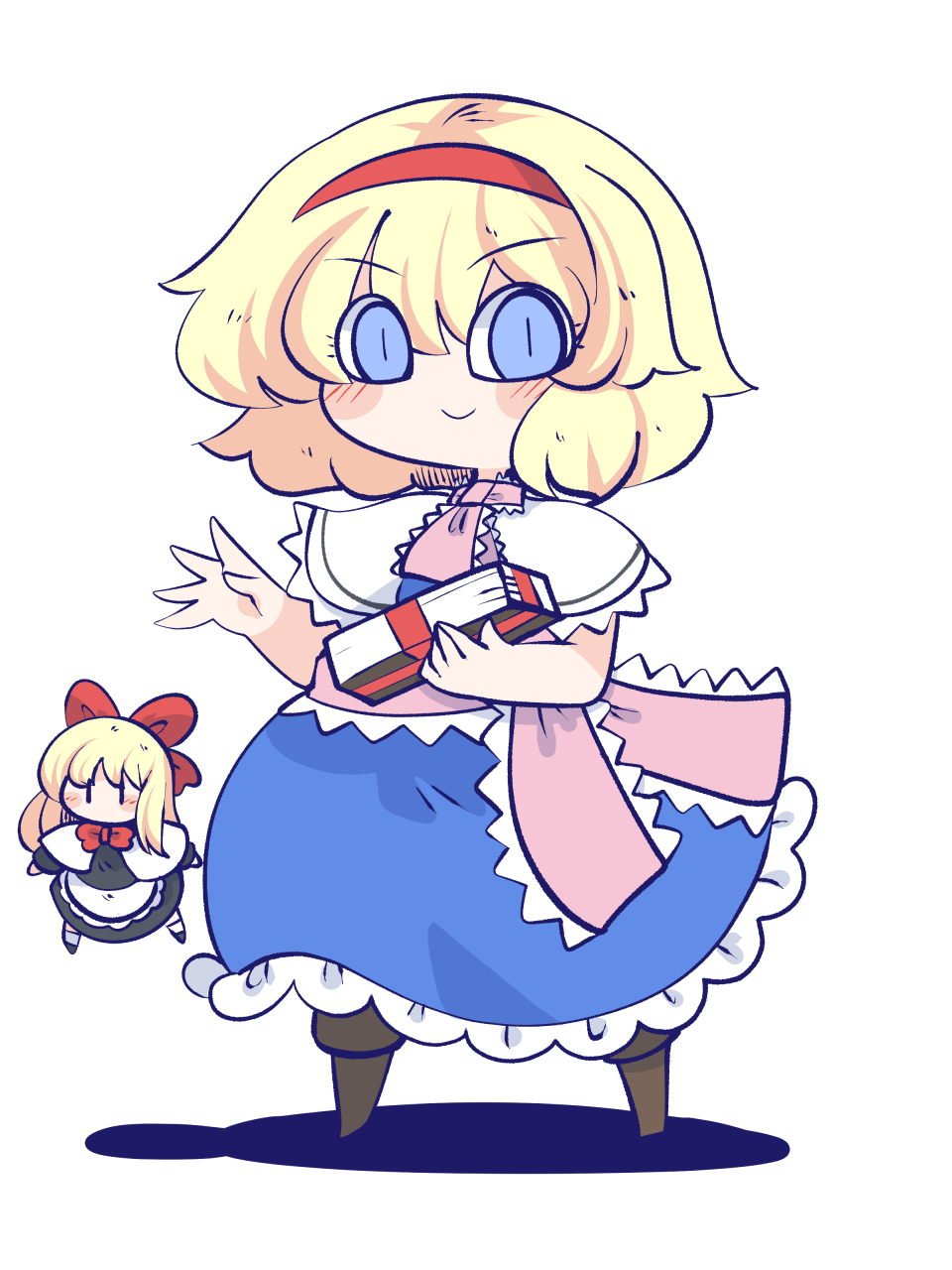 1girl alice_margatroid apron black_dress blonde_hair blue_dress blue_eyes blush book boots bow bowtie brown_footwear capelet chahan_(fried_rice0614) chibi dress frilled_apron frilled_capelet frilled_dress frilled_ribbon frills full_body hairband hand_up highres holding holding_book long_sleeves looking_at_viewer neck_ribbon pink_ribbon red_bow red_bowtie red_hairband ribbon shadow shanghai_doll short_hair simple_background smile solo spread_fingers standing touhou waist_ribbon white_apron white_background white_capelet