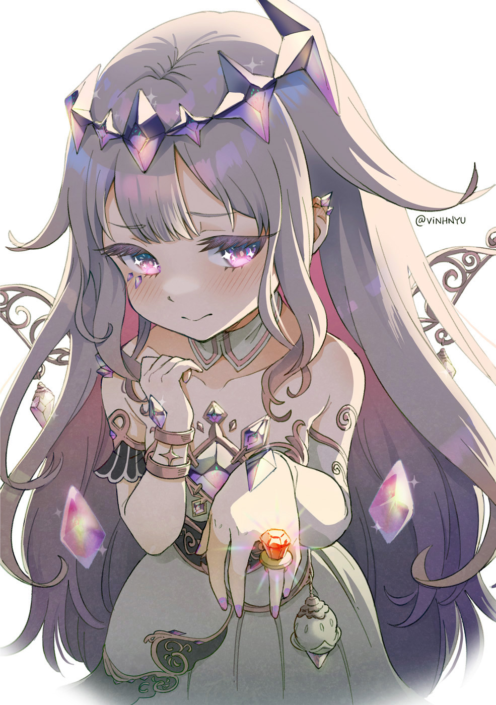 1girl bare_shoulders black_corset blush chest_jewel circlet closed_mouth collarbone colored_inner_hair corset detached_collar double-parted_bangs dress gem grey_hair hair_flaps hair_ornament hand_jewel highres hololive hololive_english jewel_under_eye koseki_bijou long_hair looking_at_viewer multicolored_hair pink_hair ring_pop simple_background solo strapless strapless_dress twitter_username very_long_hair vinhnyu violet_eyes virtual_youtuber white_background white_dress