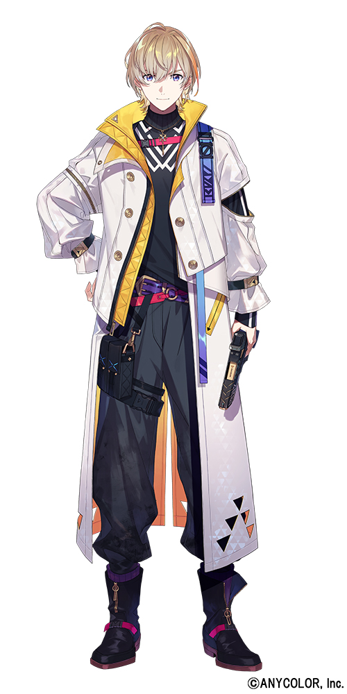 1boy arm_cutout belt belt_pouch black_footwear black_pants black_shirt blonde_hair blue_eyes boots buttons clothing_cutout coat copyright ebira fura_kanato gun hair_between_eyes hand_on_own_hip handgun holding holding_gun holding_weapon jacket jewelry long_sleeves male_focus necklace nijisanji official_art open_clothes open_coat open_jacket orange_hair pants pouch purple_belt shirt short_hair simple_background smile standing straight-on tachi-e thigh_strap triangle_cutout turtleneck two-sided_coat two-sided_fabric virtual_youtuber weapon white_background white_coat yellow_jacket zipper_footwear zipper_pull_tab