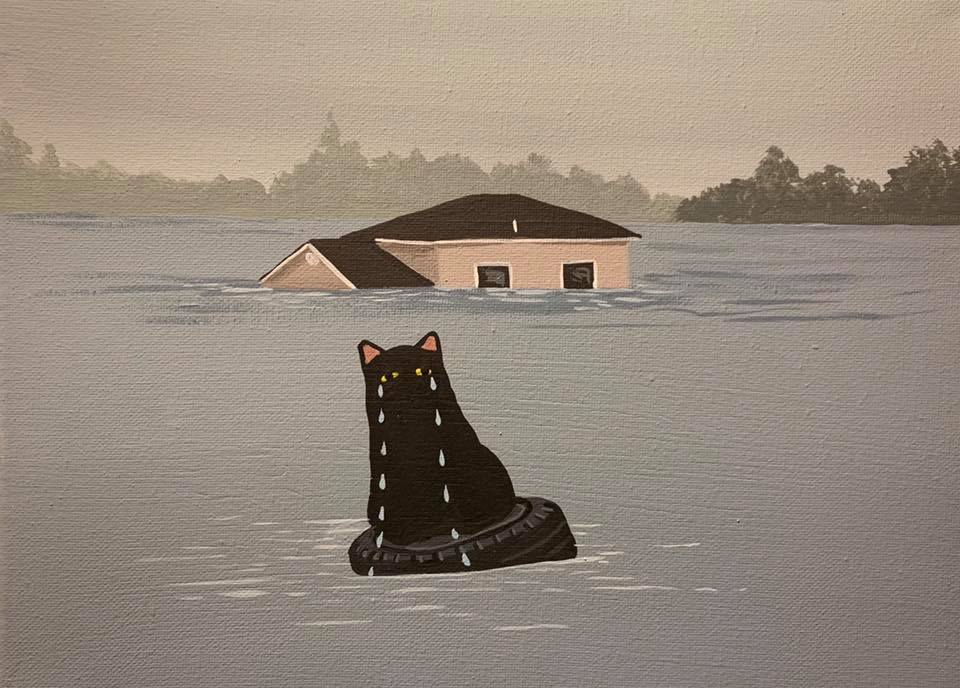 black_cat building cat crying danial_ryan day flood house looking_at_viewer no_humans original outdoors sitting tears tire traditional_media tree