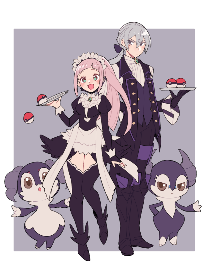 1boy 1girl alternate_hair_color black_thighhighs bridal_gauntlets butler do_m_kaeru felicia_(fire_emblem) fire_emblem fire_emblem_fates grey_hair indeedee jakob_(fire_emblem) long_hair looking_at_viewer low_ponytail maid maid_headdress parted_lips poke_ball pokemon ponytail smile thigh-highs translated tray v-shaped_eyebrows