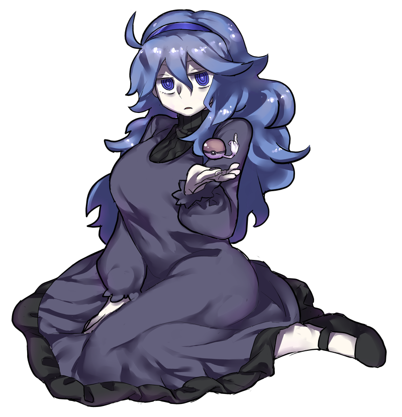 1girl aaaa_(aaaa480) black_footwear blue_eyes blue_hair breasts colored_skin commentary_request cookie_(touhou) cosplay cowlick dress fingernails frilled_dress frills frown full_body grey_dress hair_between_eyes hairband hex_maniac_(pokemon) hex_maniac_(pokemon)_(cosplay) kofji_(cookie) large_breasts long_bangs long_dress long_hair looking_at_viewer mary_janes messy_hair middle_finger open_mouth poke_ball pokemon pokemon_(game) pokemon_oras purple_hairband shoes simple_background sitting solo transparent_background wariza white_skin