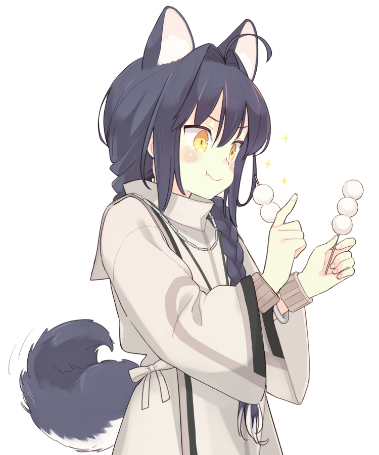 1other 87banana animal_ears black_hair bracelet dango dog_ears dog_tail double-parted_bangs eating fate/samurai_remnant fate_(series) food hair_between_eyes hair_intakes holding holding_food jewelry long_braid necklace robe saber_(fate/samurai_remnant) sidelocks simple_background solo sparkle tail translated wagashi white_background white_robe wristband yellow_eyes