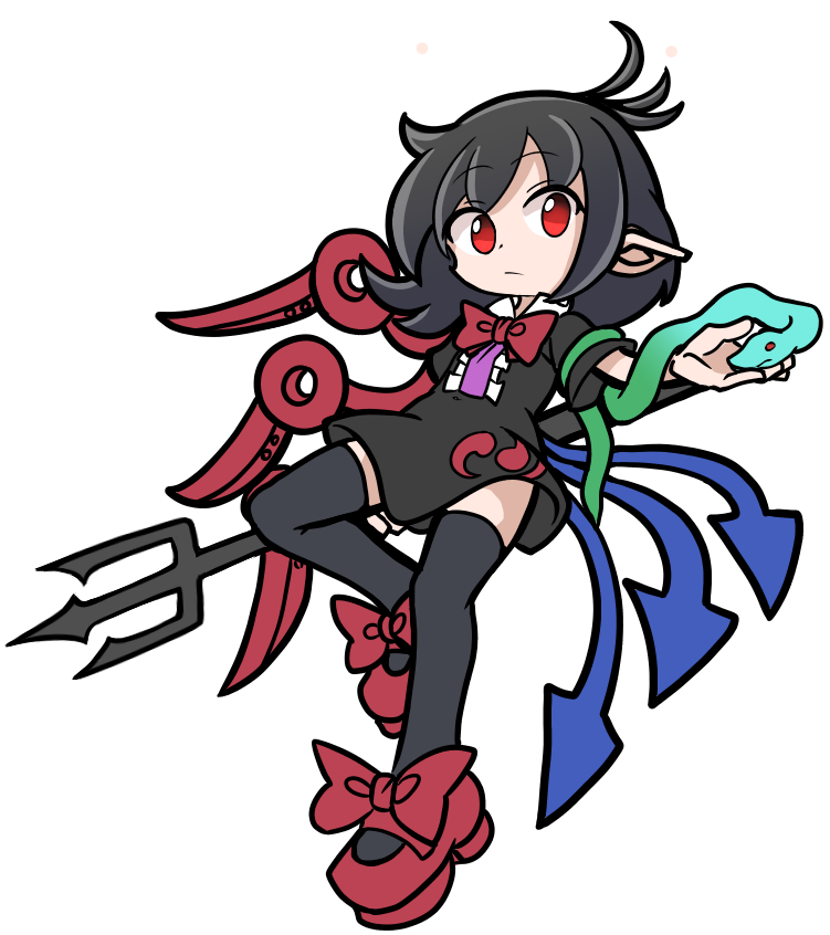 1girl asymmetrical_wings black_hair black_thighhighs blue_wings bow bowtie center_frills closed_mouth commentary footwear_bow frills full_body houjuu_nue messy_hair parody pointy_ears polearm puyopuyo red_bow red_bowtie red_eyes red_footwear red_wings shinmon_akika short_sleeves simple_background snake_armband solo style_parody thigh-highs touhou trident weapon white_background wings
