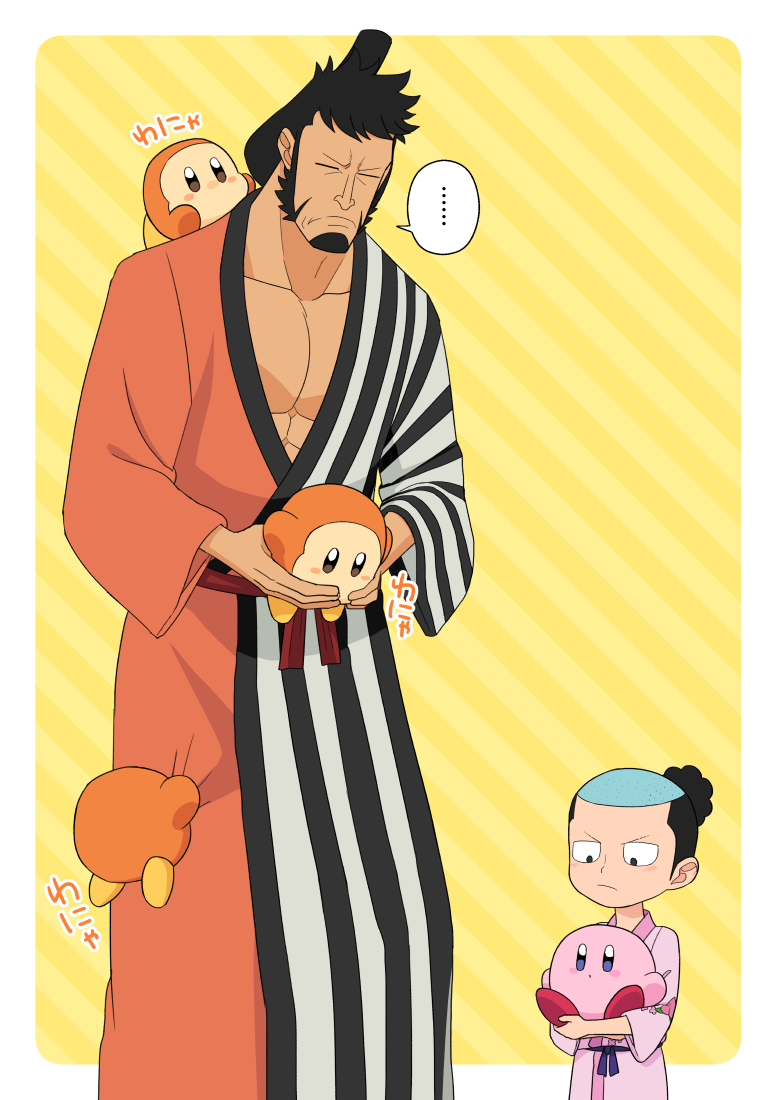 ... 5boys :o black_hair closed_eyes closed_mouth commentary_request crossover facial_hair goatee hasami_(hasami25) high_ponytail holding japanese_clothes kinemon kirby kirby_(series) long_sideburns male_focus momonosuke_(one_piece) multiple_boys one_piece ponytail short_hair sideburns topknot traditional_clothes waddle_dee