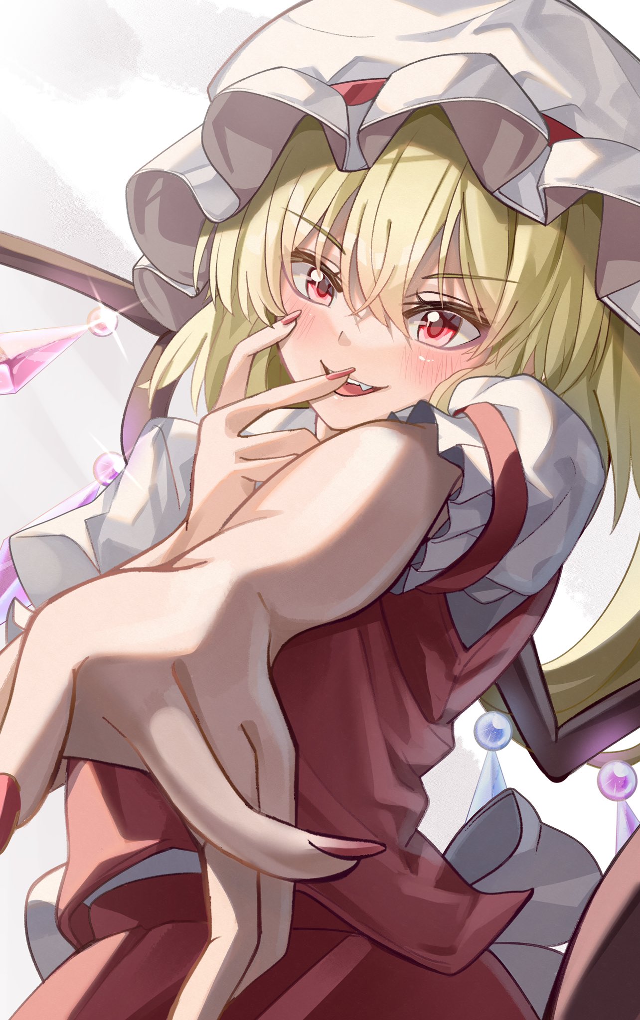 1girl back_bow blonde_hair bow cow crystal fangs flandre_scarlet frilled_sleeves frills hair_between_eyes hat hat_ribbon head_tilt highres large_bow looking_at_viewer maboroshi_mochi medium_hair multicolored_wings nail_polish open_mouth outstretched_arm puffy_short_sleeves puffy_sleeves red_eyes red_nails red_ribbon red_skirt red_vest ribbon sharp_teeth shirt short_sleeves simple_background skirt skirt_set sleeve_ribbon solo teeth touhou v-shaped_eyebrows vest white_background white_bow white_headwear white_shirt wings