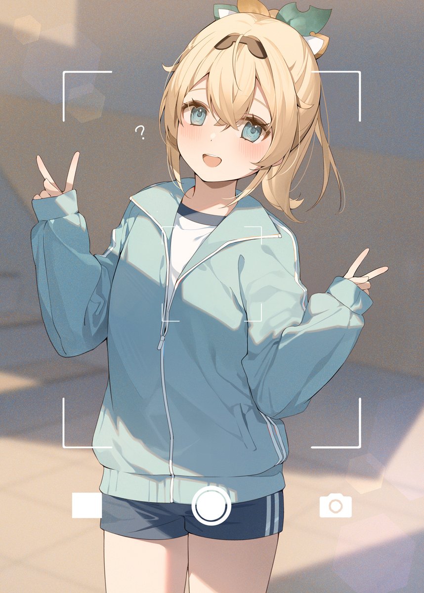 1girl ? aqua_eyes aqua_jacket black_hairband blonde_hair blue_shorts blurry blurry_background blush commentary_request cowboy_shot crossed_bangs dot_nose double_v fake_phone_screenshot fake_screenshot gym_shorts hair_ornament hairband hana_mori highres hololive jacket kazama_iroha leaf_hair_ornament lens_flare long_sleeves looking_at_viewer non-circular_lens_flare open_mouth partially_unzipped puffy_long_sleeves puffy_sleeves short_hair shorts sleeves_past_wrists solo taking_picture teeth track_jacket upper_teeth_only v viewfinder virtual_youtuber