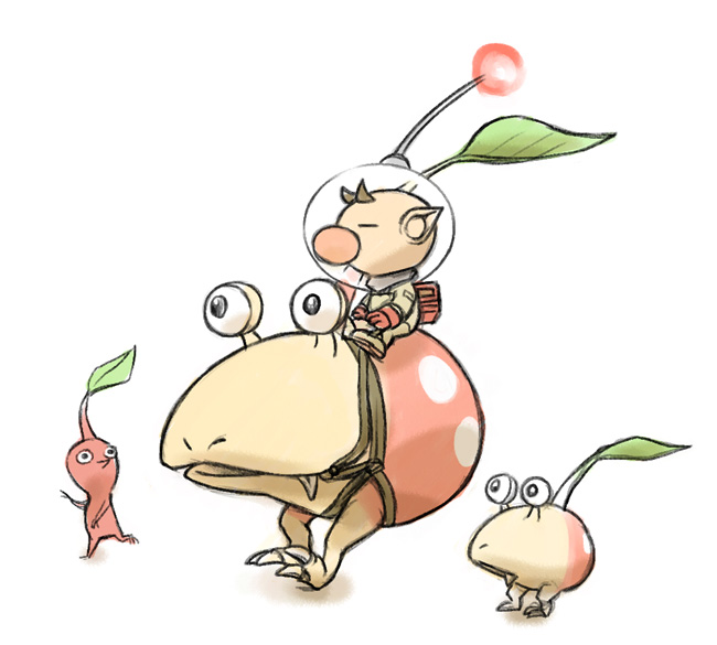 1boy alien backpack bag big_nose black_eyes brown_hair bulbmin closed_eyes colored_skin commentary_request fang fang_out gloves helmet leaf looking_at_another naru_(wish_field) no_mouth nostrils olimar parted_lips patch pikmin_(creature) pikmin_(series) pointy_ears pointy_nose polka_dot radio_antenna red_bag red_gloves red_light red_pikmin red_skin riding riding_animal shadow short_hair sitting_on_animal space_helmet spacesuit very_short_hair white_background