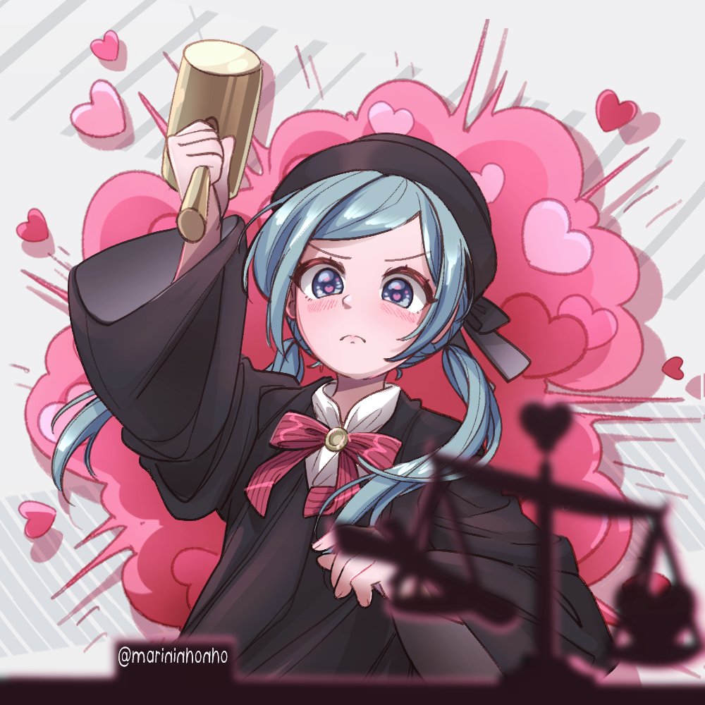 1girl aqua_eyes balance_scale black_headwear black_robe blouse blurry blurry_foreground blush cloche_hat collared_shirt explosion frown gavel hammer hat hat_ribbon hatsune_miku heart heart-shaped_pupils holding holding_hammer holding_mallet judge long_hair long_sleeves low_twintails mallet marininho ren'ai_saiban_(vocaloid) ribbon robe shirt silhouette solo spring_onion swept_bangs symbol-shaped_pupils twintails twitter_username vocaloid weighing_scale white_shirt wide_sleeves