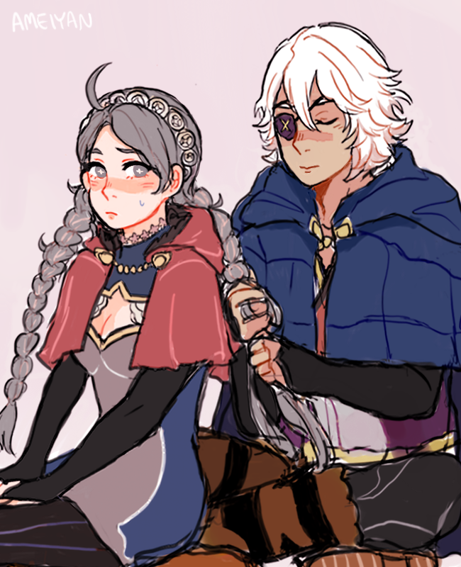 ahoge amelia_(magic16879) black_bridal_gauntlets braid braiding_hair brushing_another's_hair brushing_hair capelet father_and_daughter fire_emblem fire_emblem_fates grey_hair hairdressing hood hood_down hooded_capelet long_hair low_twin_braids niles_(fire_emblem) nina_(fire_emblem) parted_bangs red_capelet red_hood twin_braids white_hair