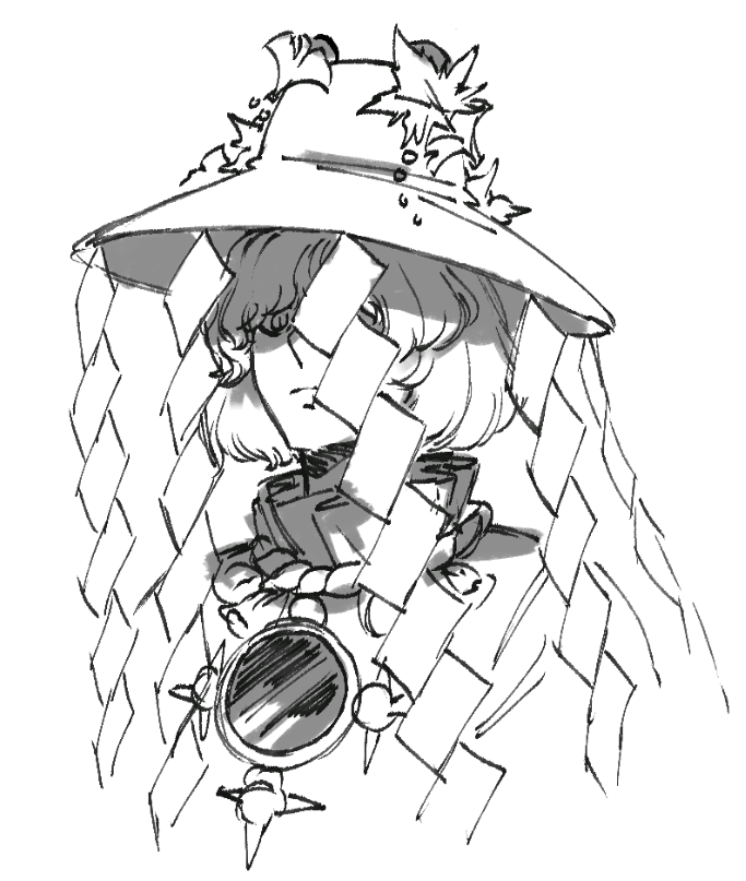 1girl closed_eyes closed_mouth commentary english_commentary greyscale hat hat_leaf mirror monochrome shide short_hair solo speargsun touhou upper_body yasaka_kanako
