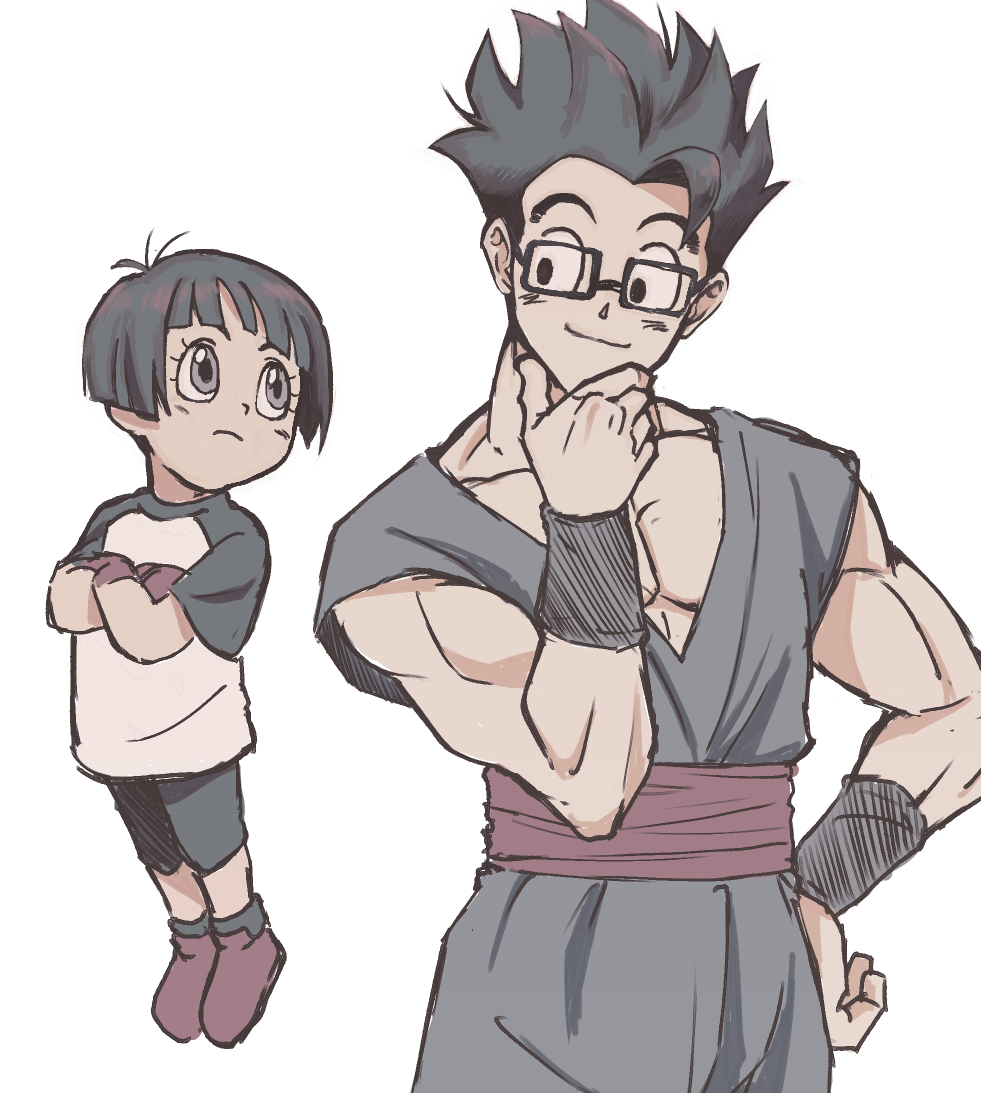 1boy 1girl black_hair child closed_mouth dragon_ball dragon_ball_super dragon_ball_super_super_hero father_and_daughter full_body glasses looking_at_another mizuame27 pan_(dragon_ball) red_footwear simple_background smile son_gohan spiky_hair white_background