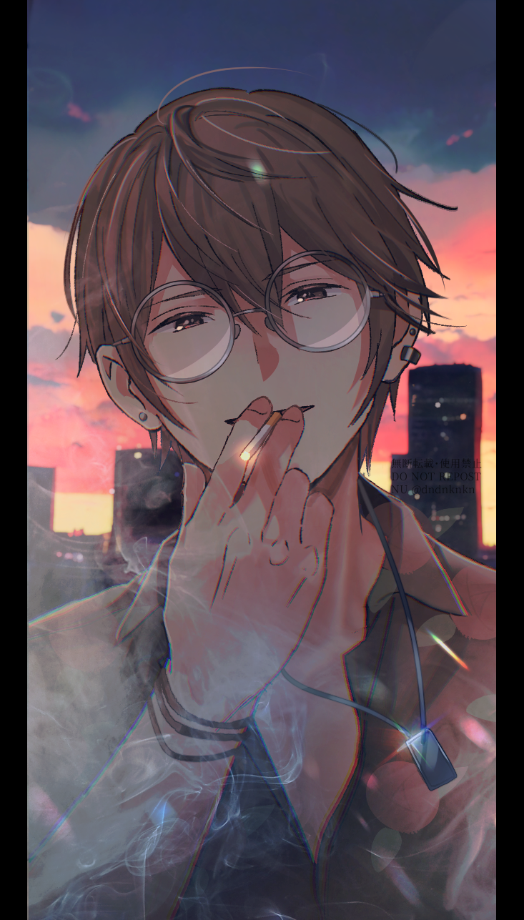 1boy backlighting blue_sky brown_eyes brown_jacket brown_shirt cigarette cityscape clouds cloudy_sky collared_shirt commentary_request double-parted_bangs dusk ear_piercing earrings fingernails glasses glint grey-framed_eyewear hair_between_eyes half-closed_eyes highres holding holding_cigarette jacket jewelry looking_at_viewer male_focus multicolored_sky necklace nuu_(liebe_sk) open_collar open_mouth outdoors piercing pillarboxed pink_clouds pink_sky portrait round_eyewear serizawa_tomoya shirt single_earring sky smile smoke solo stud_earrings suzume_no_tojimari yellow_sky