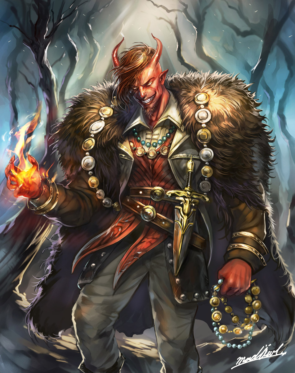 1boy beard black_jacket cape colored_skin contrapposto dagger demon_boy demon_horns dress_shirt evil_smile facial_hair fantasy fire fireball forest grey_pants highres horns jacket jewelry knife madowl magic:_the_gathering male_focus nature necklace pants pointy_ears red_horns red_skin red_vest sheath sheathed shirt short_hair signature smile tibalt treasure vest weapon white_shirt winter yellow_eyes