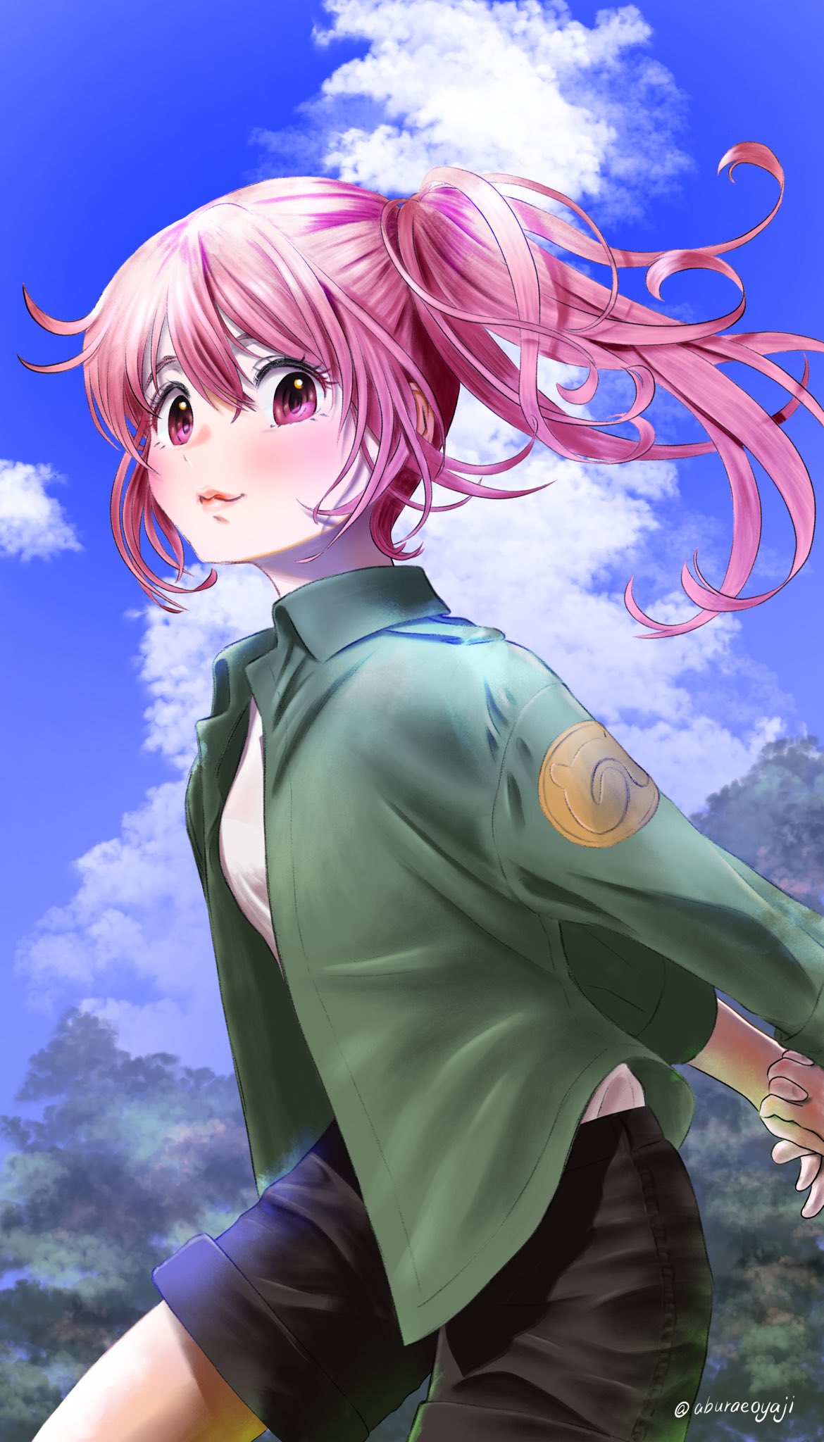1girl aburaeoyaji arms_behind_back blush closed_mouth clouds cowboy_shot day from_side hair_between_eyes highres jacket japari_symbol kemono_friends kemono_friends_3 lips long_sleeves looking_at_viewer looking_down looking_to_the_side nana_(kemono_friends) outdoors pink_eyes pink_hair shirt shorts side_ponytail smile solo tree twitter_username
