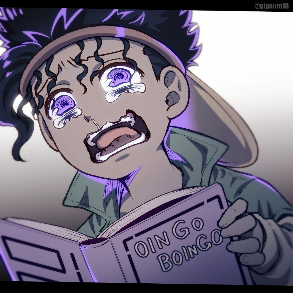 1boy backwards_hat boingo book child commentary_request crying dark-skinned_male dark_skin giga_omega hat holding holding_book jojo_no_kimyou_na_bouken letterboxed male_focus purple_hair snot solo stand_(jojo) stardust_crusaders tearing_up tears thoth_(stand) twitter_username upper_body violet_eyes visor_cap wavy_mouth