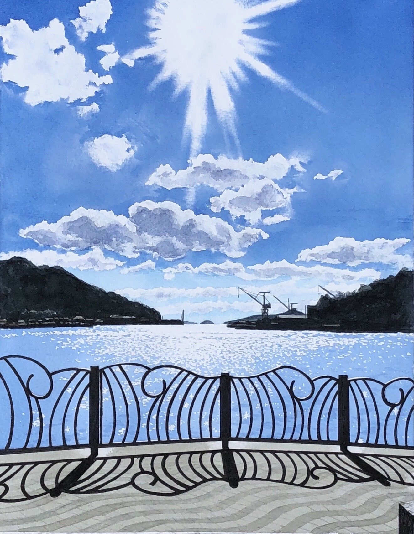 blue_sky building clouds cloudy_sky crane_(machine) day fence highres hill iron_fence lake light_rays no_humans original painting_(medium) shadow shore sky sun sunlight toirom_pmxh traditional_media water watercolor_(medium)