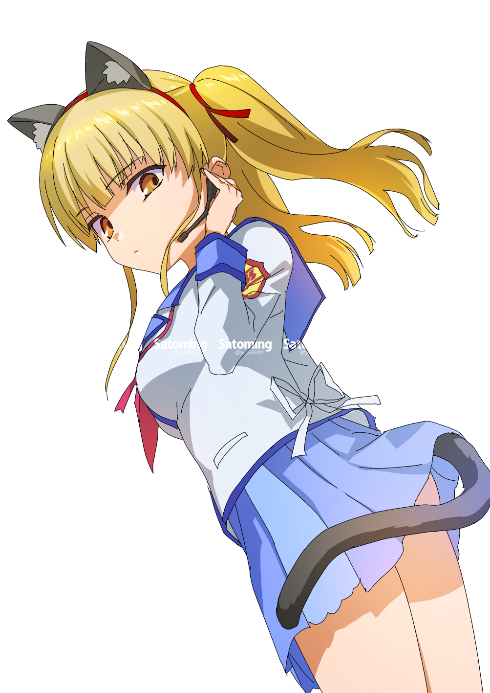 1girl angel_beats! animal_ear_fluff animal_ears artist_name blonde_hair blue_sailor_collar blue_skirt blunt_bangs blunt_ends breasts cat_ears cat_tail closed_mouth commentary_request cowboy_shot dutch_angle earpiece expressionless fake_animal_ears fake_tail hair_ribbon hand_up highres long_sleeves looking_at_viewer medium_breasts miniskirt neckerchief orange_eyes pink_neckerchief pleated_skirt red_ribbon ribbon sailor_collar satomi_yoshitaka shinda_sekai_sensen_uniform shirt sidelocks simple_background skirt solo standing tail twintails white_background white_shirt yusa_(angel_beats!)