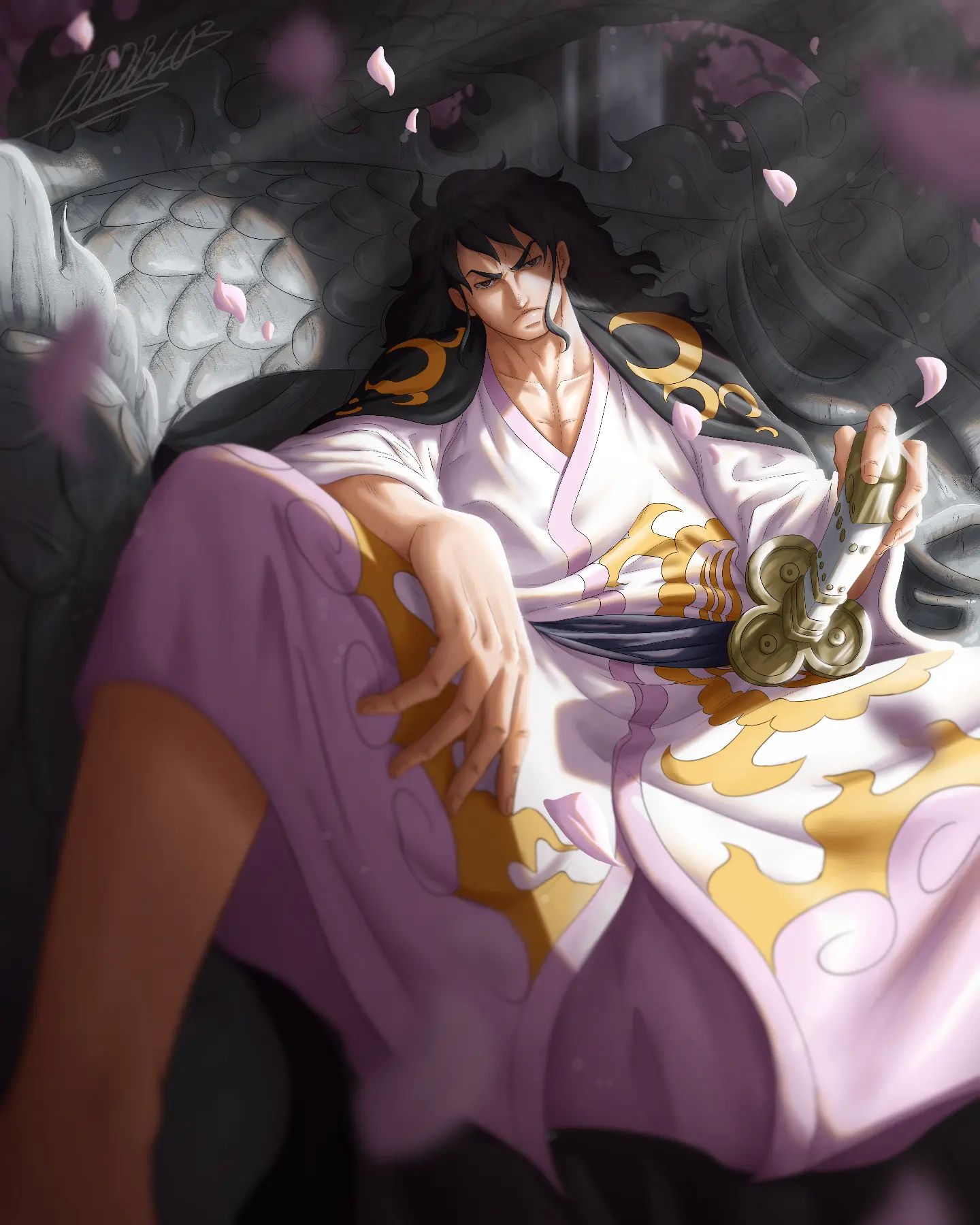 1boy bbdbg03 black_coat black_eyes black_hair closed_mouth coat coat_on_shoulders falling_petals highres japanese_clothes katana long_hair looking_at_viewer male_focus momonosuke_(one_piece) one_piece outdoors petals rose_petals signature sitting solo sword traditional_clothes v-shaped_eyebrows weapon