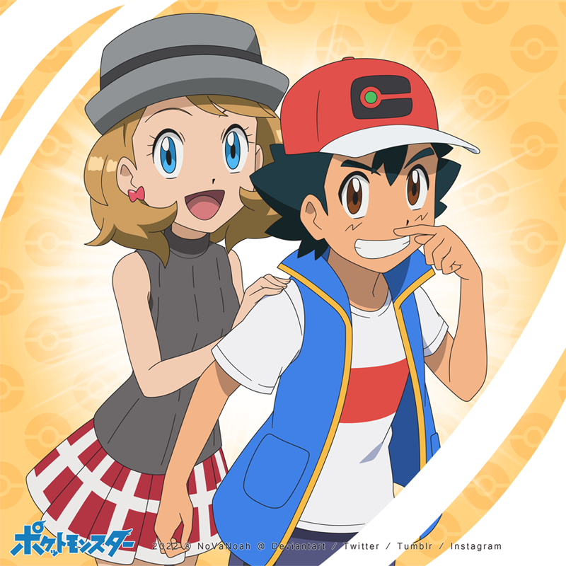1boy 1girl :d ash_ketchum black_hair blonde_hair blue_eyes blue_vest brown_eyes earrings eyelashes grey_headwear grin hand_on_another's_shoulder hand_up hat jewelry looking_at_viewer mixed-language_commentary noelia_ponce open_clothes open_mouth open_vest pleated_skirt pokemon pokemon_(anime) pokemon_journeys red_headwear serena_(pokemon) shirt short_hair short_sleeves shorts skirt smile t-shirt teeth tongue vest watermark white_shirt