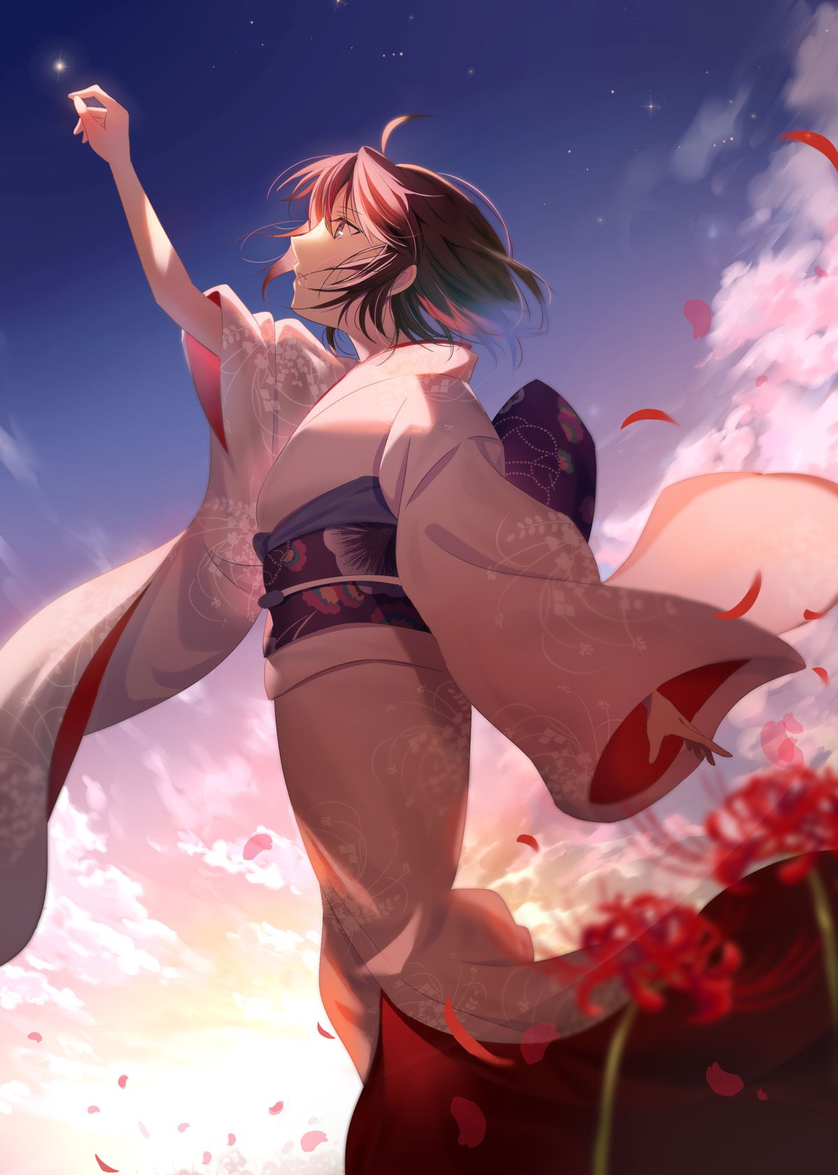 1girl ahoge arm_up black_hair blue_sky commentary_request dusk flower from_side gradient_background highres japanese_clothes kara_no_kyoukai kimono kwhr_a looking_up obi petals ryougi_shiki sash short_hair sky solo spider_lily star_(sky) white_kimono yellow_sky