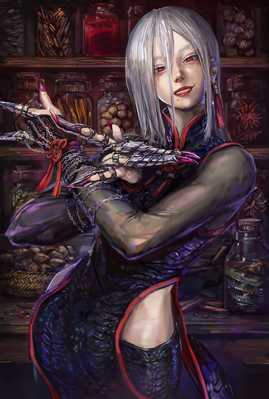 a.k.i._(street_fighter) capcom chain claws herb high_collar highres holding holding_jar jar medicine miche red_lips standing street_fighter wet wet_hair