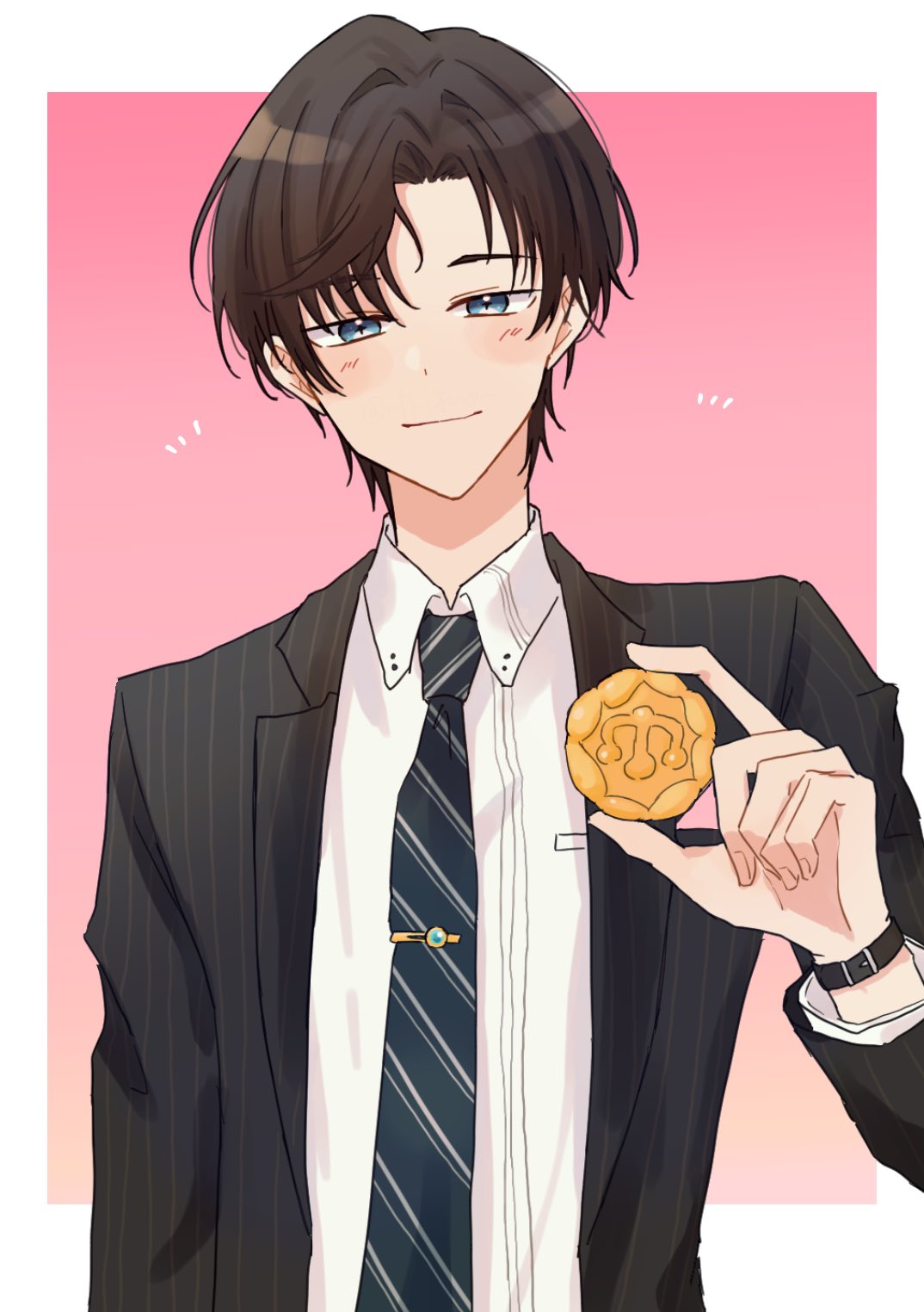 1boy artem_wing_(tears_of_themis) black_hair black_jacket black_necktie blue_eyes blush_stickers closed_mouth collared_shirt commentary_request diagonal-striped_necktie food hand_up highres holding holding_food jacket long_sleeves looking_at_viewer male_focus mtkignsn necktie open_clothes open_jacket pink_background pinstripe_pattern shirt smile solo striped tears_of_themis tie_clip two-tone_background upper_body white_background white_shirt