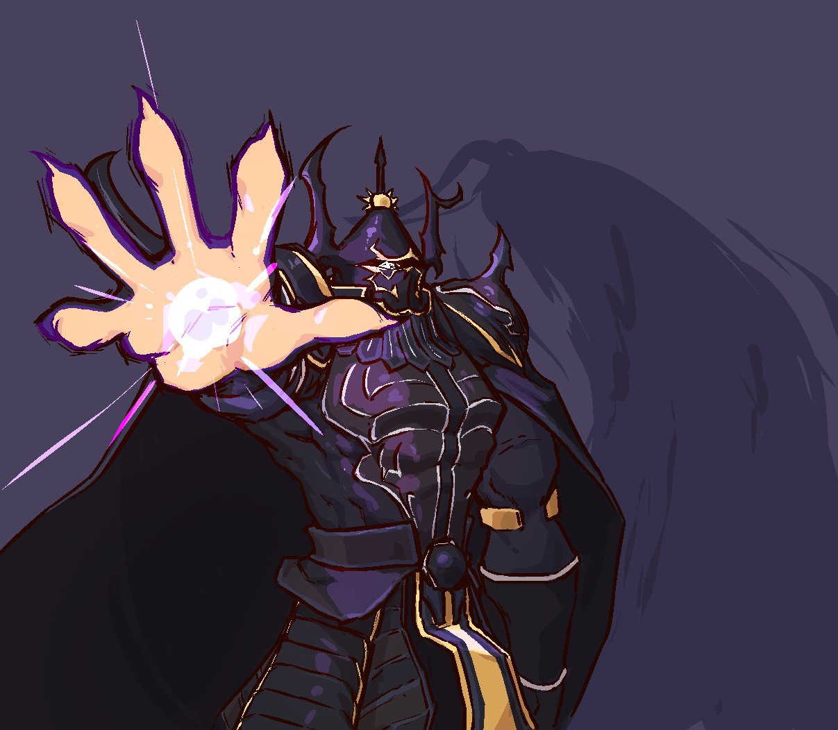 1boy aiming aiming_at_viewer armor black_armor black_cape cape final_fantasy final_fantasy_iv gauntlets glowing glowing_eye golbez helmet liveactors looking_at_viewer male_focus pauldrons shoulder_armor simple_background solo