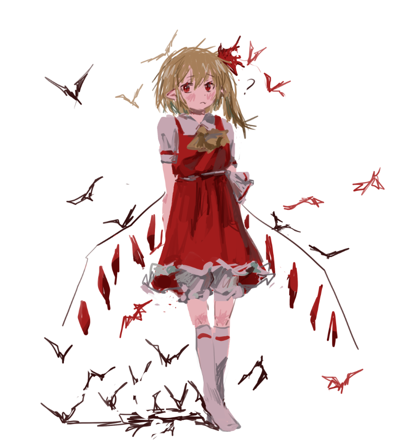 1girl ? ascot bat_(animal) blonde_hair bloomers blush closed_eyes collared_shirt flandre_scarlet frilled_skirt frills full_body hair_between_eyes kneehighs no_headwear no_shoes one_side_up pointy_ears pout red_eyes red_skirt red_vest shirt simple_background sketch skirt socks sparkle71059204 standing touhou vest white_background white_bloomers white_shirt white_socks wings yellow_ascot