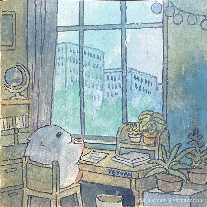 artist_name building cabinet chair cityscape cup flower flower_pot globe hamster holding holding_cup indoors no_humans original picture_(object) signature sitting table window yeyuan33