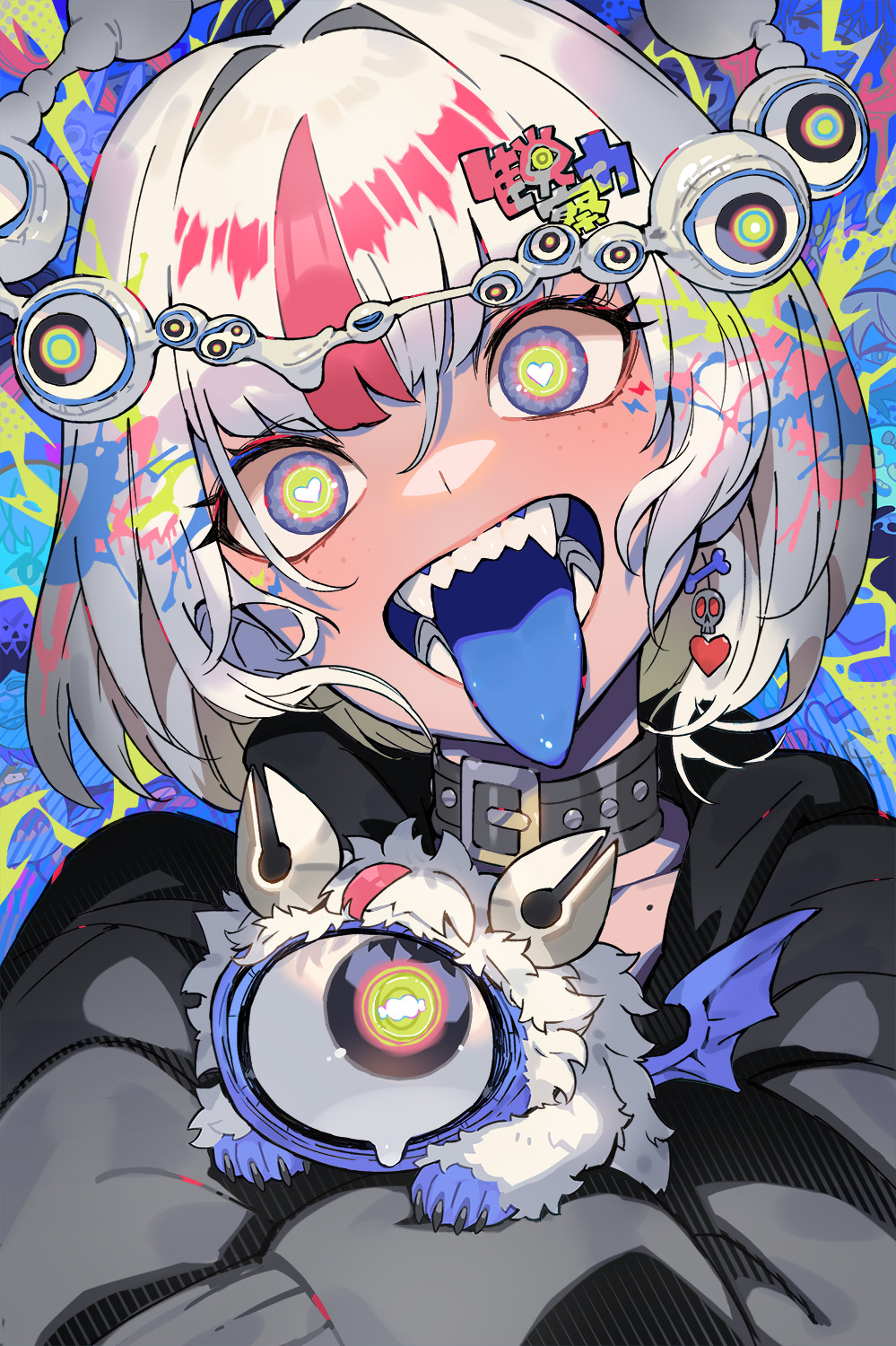 1girl black_choker black_hoodie blue_eyes blue_tongue bob_cut choker colored_tongue creature dangle_earrings earrings eyeball fangs freckles hair_intakes halo heart heart-shaped_pupils highres hood hoodie jewelry looking_at_another looking_at_viewer multicolored_eyes multicolored_hair open_mouth original pink_hair saitou_naoki sharp_teeth short_hair symbol-shaped_pupils teeth tongue tongue_out two-tone_hair white_hair wide-eyed yellow_eyes