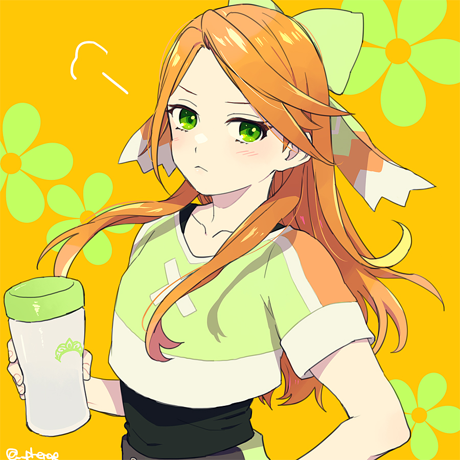 1girl closed_mouth etie_(fire_emblem) facing_to_the_side fire_emblem fire_emblem_engage green_eyes guttary long_hair looking_at_viewer orange_hair parted_bangs solo upper_body workout_clothes