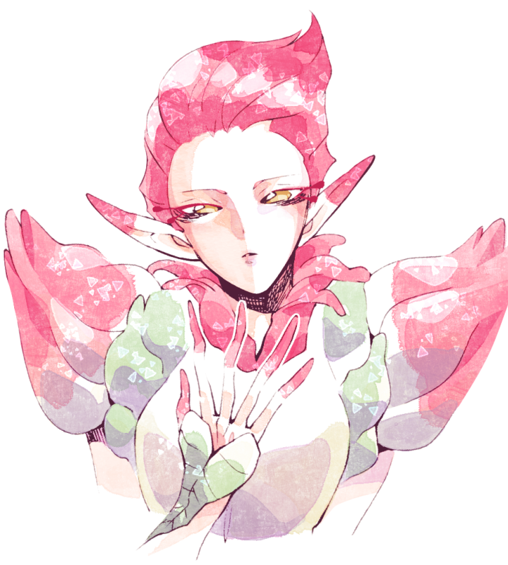 1boy androgynous breath_of_fire breath_of_fire_ii colored_skin fingernails flower long_pointy_ears looking_at_viewer minashirazu monster_boy pink_hair pointy_ears short_hair simple_background skirt solo spar very_long_fingernails white_background yellow_eyes