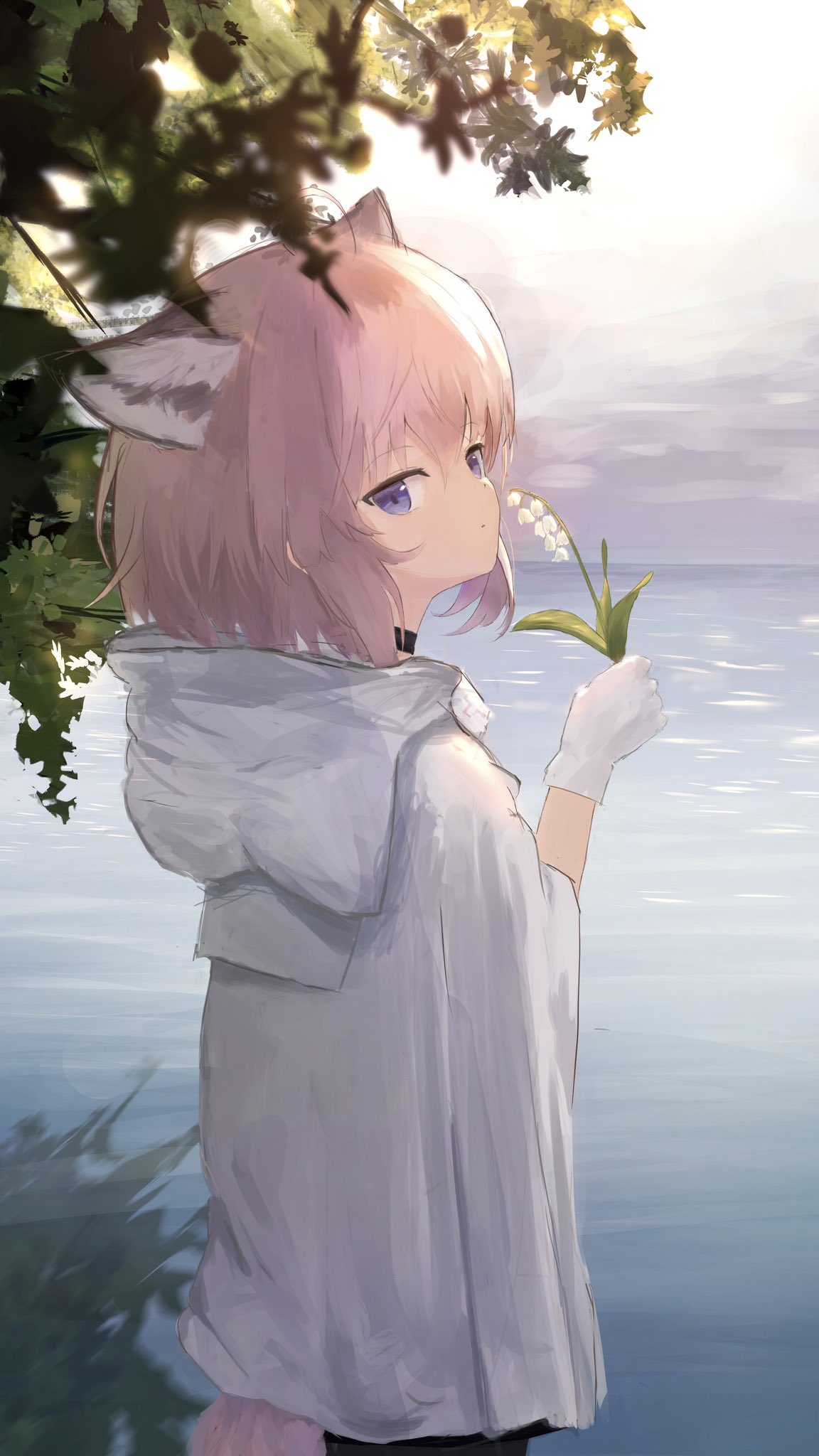 1girl animal_ears animal_hood arknights black_choker choker closed_mouth coat commentary_request eufi_(eufyhouse) flower fox_ears fox_girl fox_tail from_behind gloves highres holding holding_flower hood hood_down hooded_coat lily_of_the_valley looking_at_viewer looking_back outdoors pink_hair short_hair solo sussurro_(arknights) tail upper_body violet_eyes white_coat white_gloves