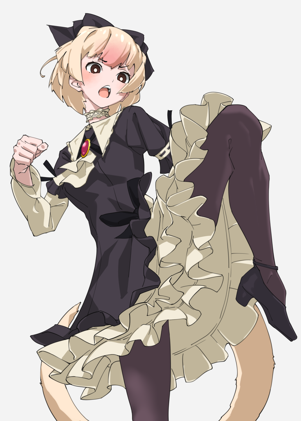 1girl anteater_ears anteater_tail black_bow black_dress black_footwear black_pantyhose blonde_hair bow choker collar collared_dress commentary cowboy_shot dress frilled_collar frilled_skirt frilled_sleeves frills grey_background hair_between_eyes hair_bow high_heels highres kemono_friends leg_up multicolored_hair neckerchief official_alternate_costume pantyhose pink_hair puffy_short_sleeves puffy_sleeves short_hair short_sleeves sidelocks silky_anteater_(kemono_friends) simple_background skirt solo standing standing_on_one_leg tanabe_(fueisei) white_choker white_neckerchief white_sleeves
