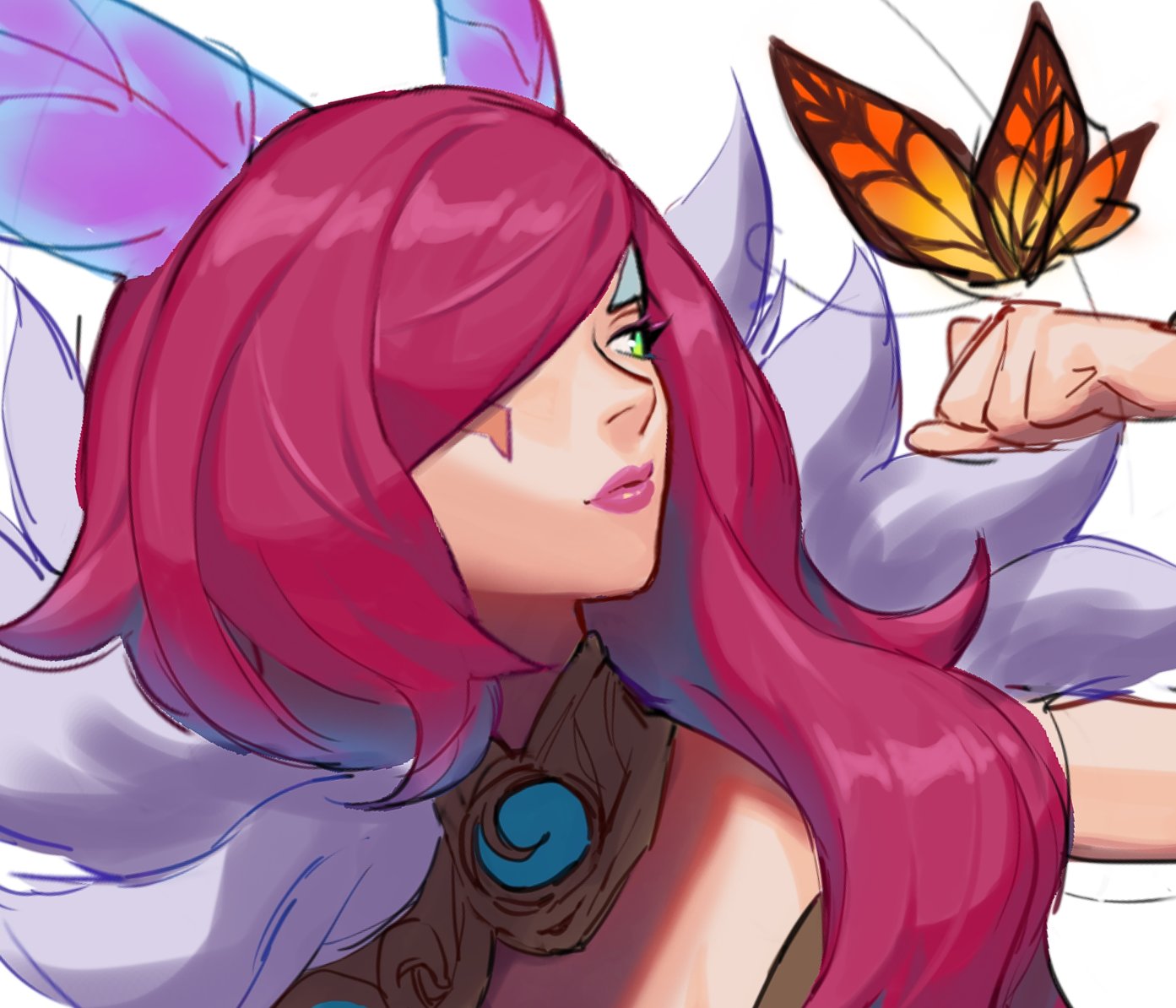 1girl animal blue_hair bug butterfly clenched_hand elderwood_xayah fur_trim hair_ornament hair_over_one_eye hand_up league_of_legends long_hair multicolored_hair redhead simple_background solo two-tone_hair white_background wosashimi xayah yellow_eyes
