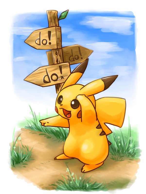 :3 animal_focus arms_up blue_sky blush_stickers border brown_eyes clouds commentary_request day english_text full_body grass happy natsutyu no_humans open_mouth outdoors outstretched_arm path pikachu pointing pokemon pokemon_(creature) road shading_eyes signpost sky smile solo standing white_border