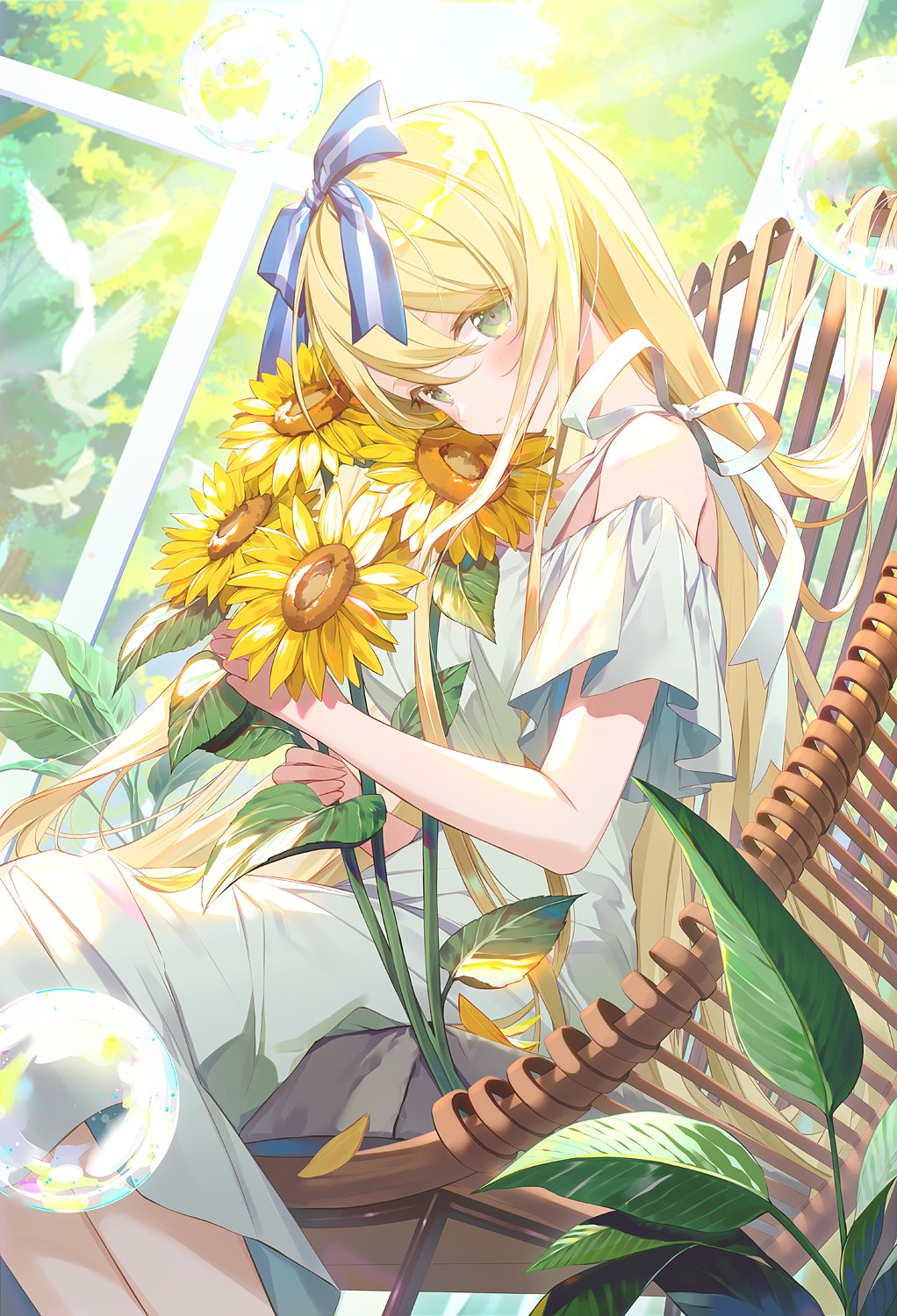1girl bare_shoulders blonde_hair blush bow bubble day detached_sleeves dress english_commentary flower green_dress green_eyes hair_bow hair_ornament highres holding holding_flower ibara_riato indoors long_hair looking_at_viewer off-shoulder_dress off_shoulder original sitting solo sunflower sunlight tree window