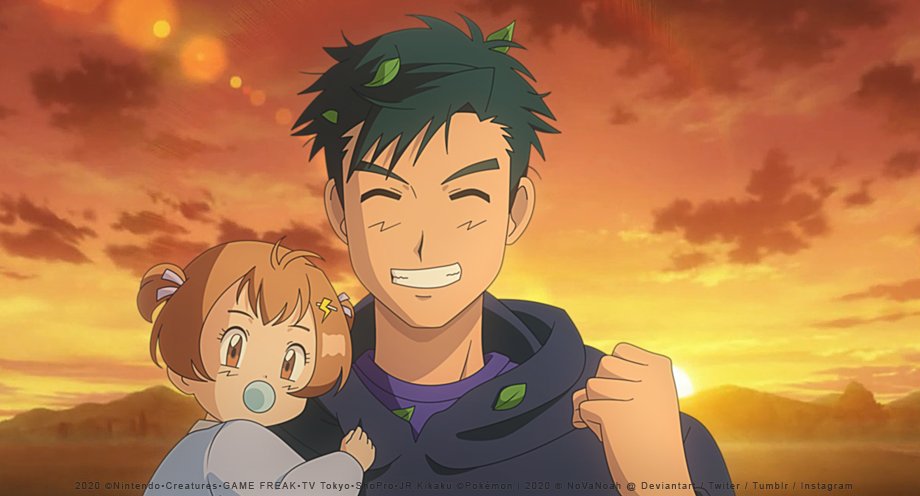 1boy 1girl aged_up ash_ketchum black_hair black_hoodie closed_eyes clouds facing_viewer father_and_daughter grin hand_up hood hoodie leaf mixed-language_commentary noelia_ponce outdoors pacifier pokemon pokemon_(anime) pokemon_xy_(anime) purple_shirt shirt short_hair sky smile sun sunset teeth twilight watermark