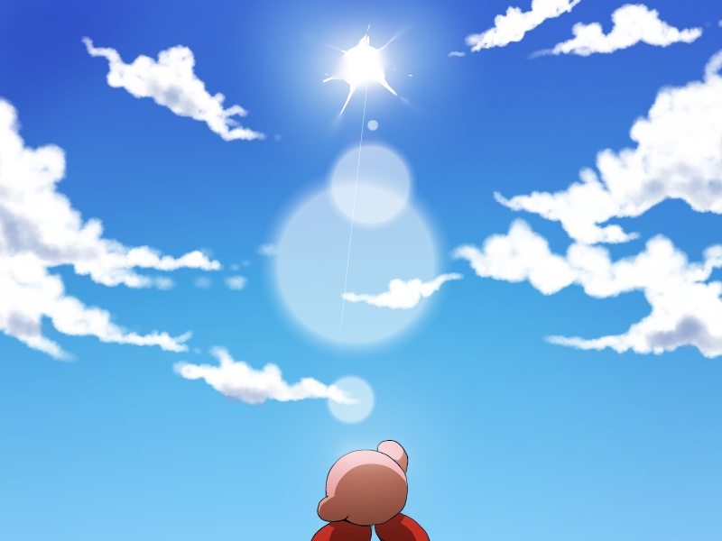 1boy arm_up blue_sky clouds colored_skin commentary_request day from_behind kirby kirby_(series) no_humans outdoors outstretched_arm pink_skin red_footwear shirushiki shoes sky solo sun sunlight