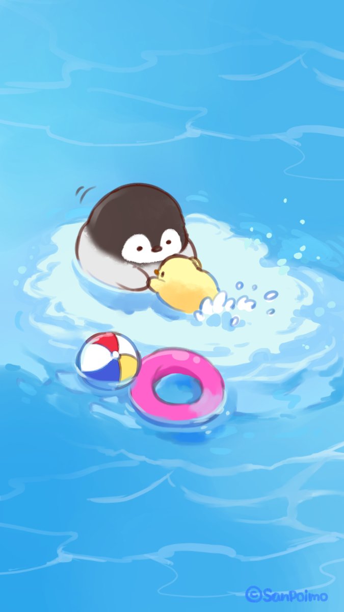 2others adorable animal animal_focus baby_penguin ball beachball beak bird black_eyes chick commentary_request feathers grey_feathers highres innertube looking_at_another lying mofupiyo motion_lines no_humans ocean on_stomach original partially_submerged penguin ripples solid_circle_eyes swimming teaching twitter_username yellow_feathers