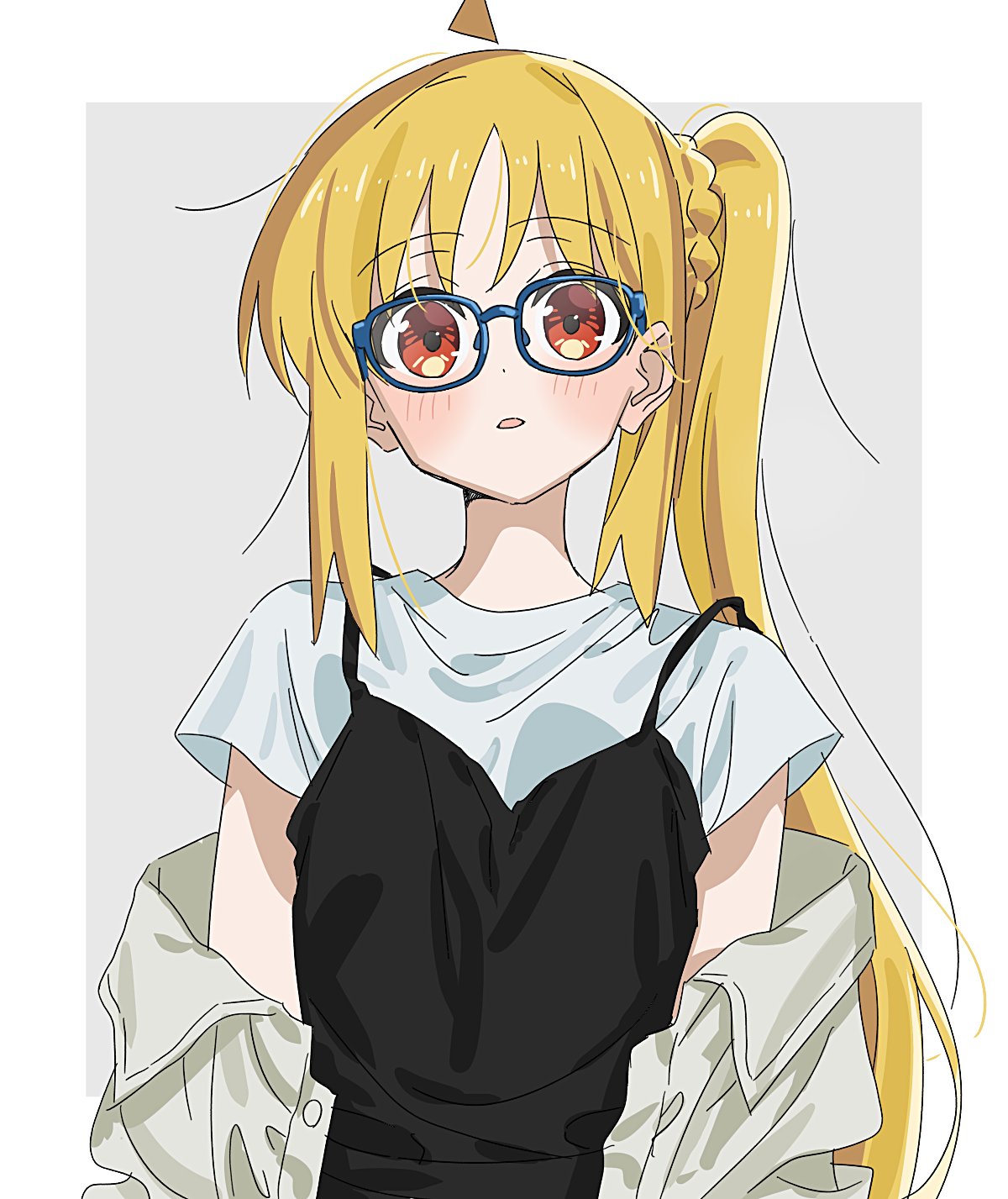 1girl ahoge bespectacled black_dress blonde_hair blue-framed_eyewear bocchi_the_rock! border dot_nose dress glasses grey_background highres ijichi_nijika jacket jacket_partially_removed light_blush long_hair looking_at_viewer open_clothes open_jacket parted_lips red_eyes shirt short_sleeves side_ponytail solo t-shirt tareme to9_722 white_border white_shirt