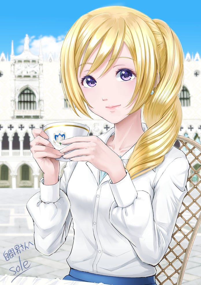 1girl alicia_florence aria artist_name blonde_hair blue_skirt blue_sky blurry blurry_background braid braided_ponytail breasts closed_mouth collarbone collared_shirt commission cup day earrings eyelashes hair_over_shoulder hands_up holding holding_cup jewelry long_hair looking_at_viewer medium_breasts official_alternate_costume outdoors piazza_san_marco shirt sidelocks signature sitting skeb_commission skirt sky solo telaform upper_body violet_eyes white_shirt