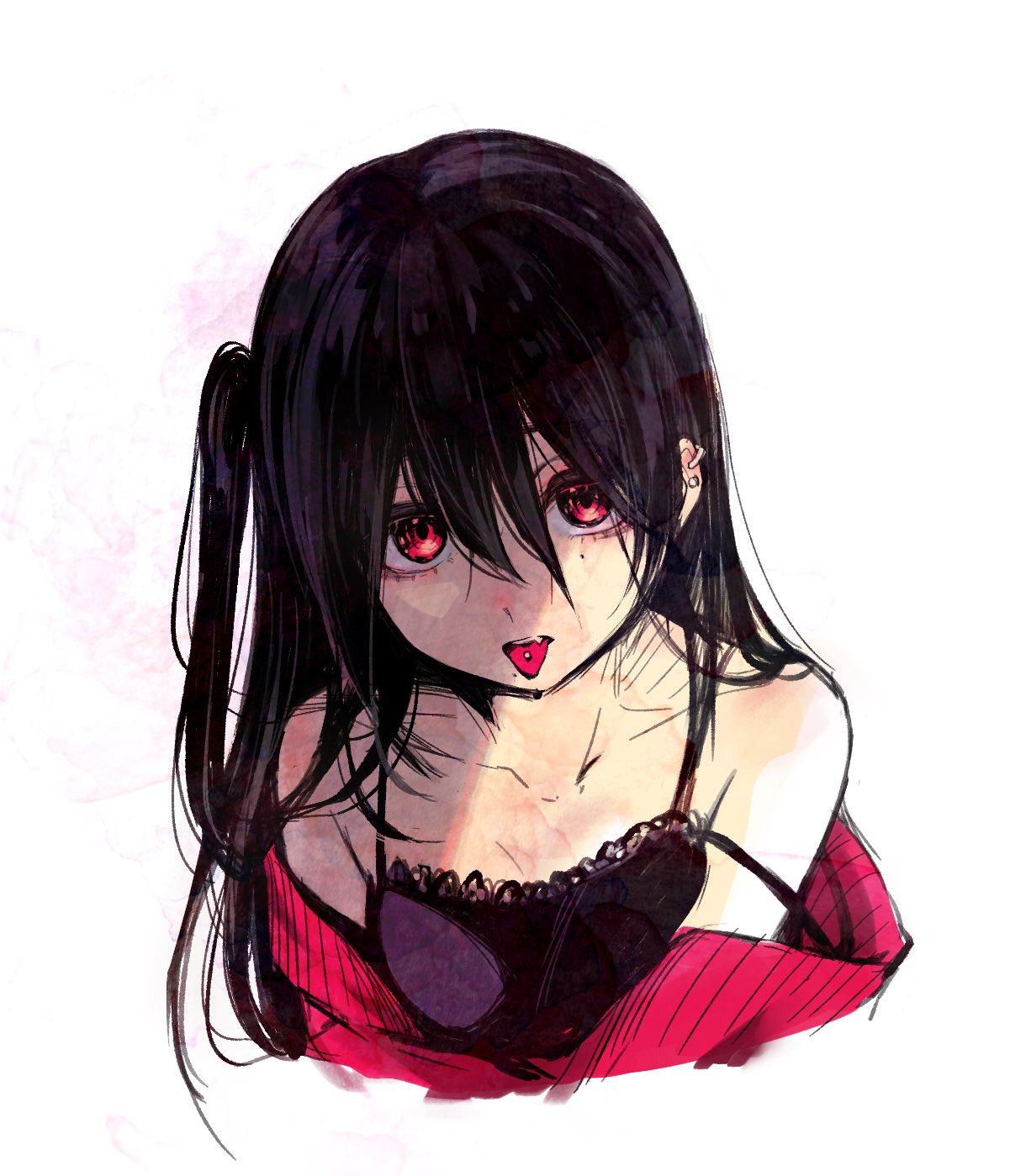 1girl amase_oruko_(artist) bare_shoulders black_camisole black_hair camisole cardigan collarbone commentary_request ear_piercing hair_between_eyes highres long_hair looking_at_viewer off_shoulder one_side_up original piercing red_cardigan red_eyes simple_background sketch solo strap_slip tongue tongue_out tongue_piercing white_background