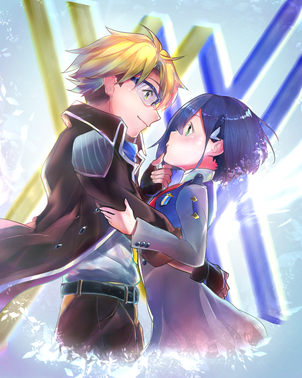 1boy 1girl arms_around_waist belt black_belt black_dress black_gloves black_jacket blonde_hair blue-framed_eyewear blue_background blue_hair blue_scarf blush bob_cut brown_pants closed_mouth commentary couple cropped_legs darling_in_the_franxx dress dress_shirt eye_contact face-to-face fingerless_gloves floating_clothes floating_hair from_side gloves gorou_(darling_in_the_franxx) green_eyes grey_dress hair_ornament hair_over_one_eye hairclip hand_on_another's_arm hand_on_another's_chin height_difference hetero highres hug ichigo_(darling_in_the_franxx) imminent_kiss jacket long_sleeves looking_at_another military_uniform open_clothes open_jacket over-rim_eyewear pants safety_glasses scarf semi-rimless_eyewear shards shirt short_hair smile surprised tsuki_(otsuchi028) two-tone_dress uniform white_shirt wrap-around_shades