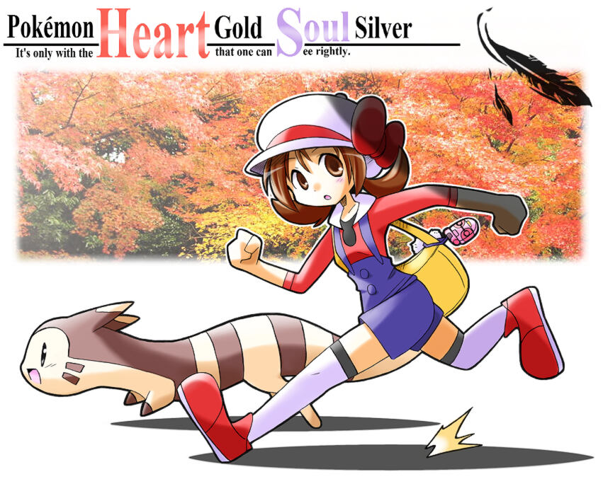 1girl :o autumn bag blue_overalls bow brown_eyes brown_hair cabbie_hat clenched_hands copyright_name full_body furret handbag hat hat_bow le_petit_prince lyra_(pokemon) open_mouth outline overalls photo_background pokegear pokemon pokemon_(creature) pokemon_(game) pokemon_hgss rascal red_bow red_footwear running shadow shoes short_hair solo thigh-highs tree twintails white_headwear white_outline white_thighhighs yellow_bag