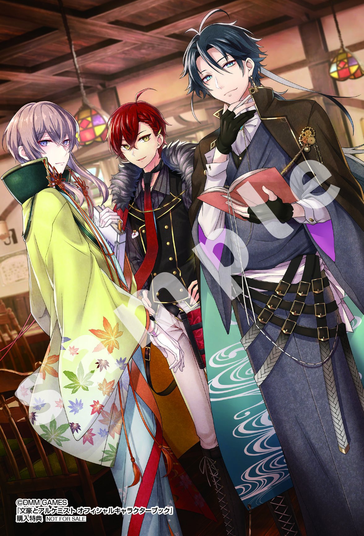 3boys ahoge akutagawa_ryuunosuke_(bungou_to_alchemist) antenna_hair ascot asymmetrical_bangs belt belt_buckle black_belt black_footwear black_gloves black_vest blue_hair blue_kimono book book_holster bookmark boots braid braided_bangs brooch brown_cape brown_hair buckle bungou_to_alchemist buttoned_cuffs cape chair closed_mouth collared_shirt copyright cross-laced_footwear crossed_bangs dark_blue_hair dazai_osamu_(bungou_to_alchemist) earrings feet_out_of_frame flower_knot fur-trimmed_cape fur_trim gears gloves gold_trim gradient_clothes gradient_jacket gradient_necktie green_jacket grey_shirt hair_between_eyes hair_ornament hairclip hand_on_own_chin hands_on_own_hips hanging_light haori highres holding holding_book indoors izumi_kyouka_(bungou_to_alchemist) jacket japanese_clothes jewelry kimono lace-up_boots lapels leaf_print long_hair long_necktie looking_at_viewer looking_to_the_side low_ponytail male_focus maple_leaf_print multiple_belts multiple_boys necktie notched_lapels official_art open_book open_collar pants parted_lips partially_fingerless_gloves pinstripe_pattern pinstripe_shirt red_necktie redhead sample_watermark sash shirt short_hair short_hair_with_long_locks single_earring smile standing striped table tassel two-sided_cape two-sided_fabric vest violet_eyes watermark white_ascot white_gloves white_pants white_sash white_shirt wide_sleeves window wooden_ceiling yellow_eyes